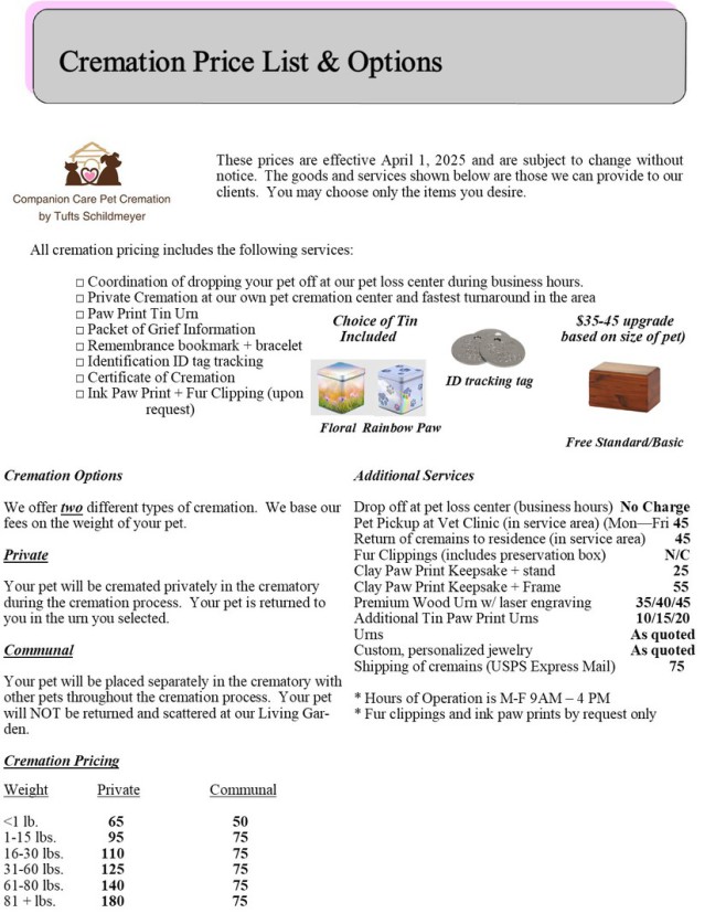 Companion Care Pet Cremation by Tufts Schildmeyer Pricing